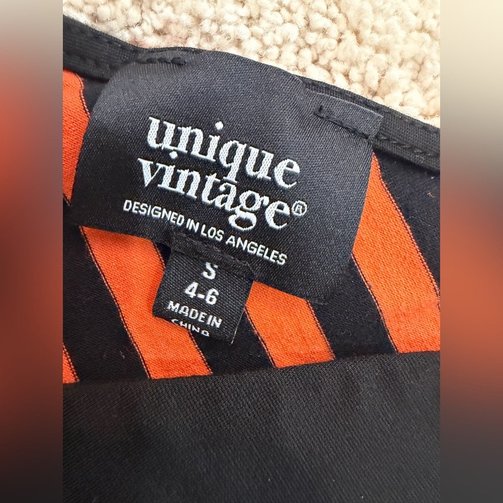 Unique Vintage Orange and Black Striped Midi Flare Dress Size Small - Picture 4 of 9